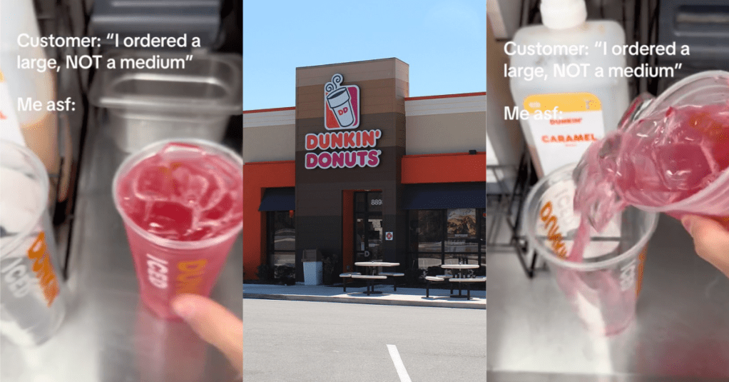A Dunkin’ Donuts Employee Shows How They "Upgrade" a Customer’s Drink by Pouring a Medium Into a Large Cup and Adding Ice
