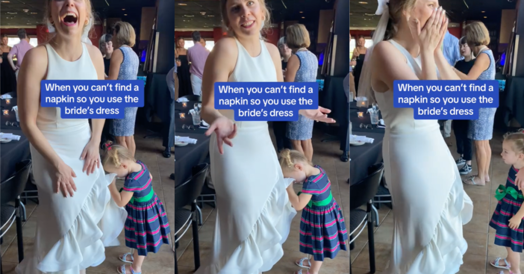 'Do not recommend serving ketchup with the chicken nuggets.' A Little Girl Used A Bride’s Wedding Dress As A Tissue And It's Hilariously Adorable