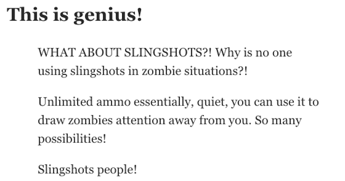 Zombie Apocalypse AR WHAT ABOUT SLINGSHOTS?! People Share The Things People Never Seem To Consider During A Zombie Apocalypse