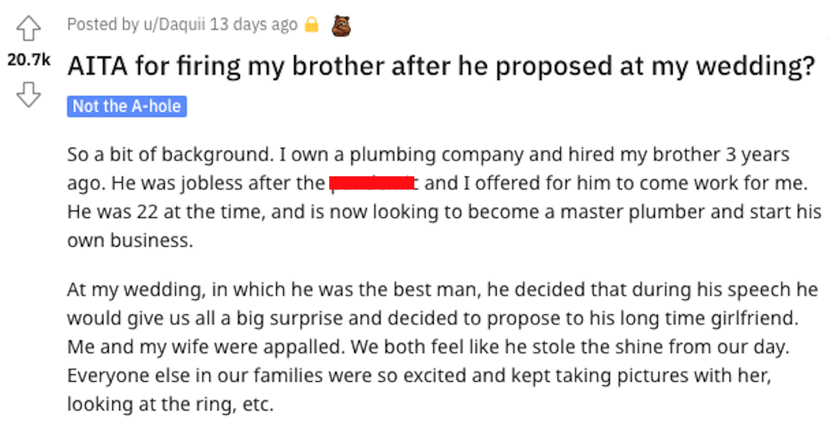 Brother Fired Proposed AITA Did He Overreact When He Fired His Brother Because He Proposed At His Wedding?