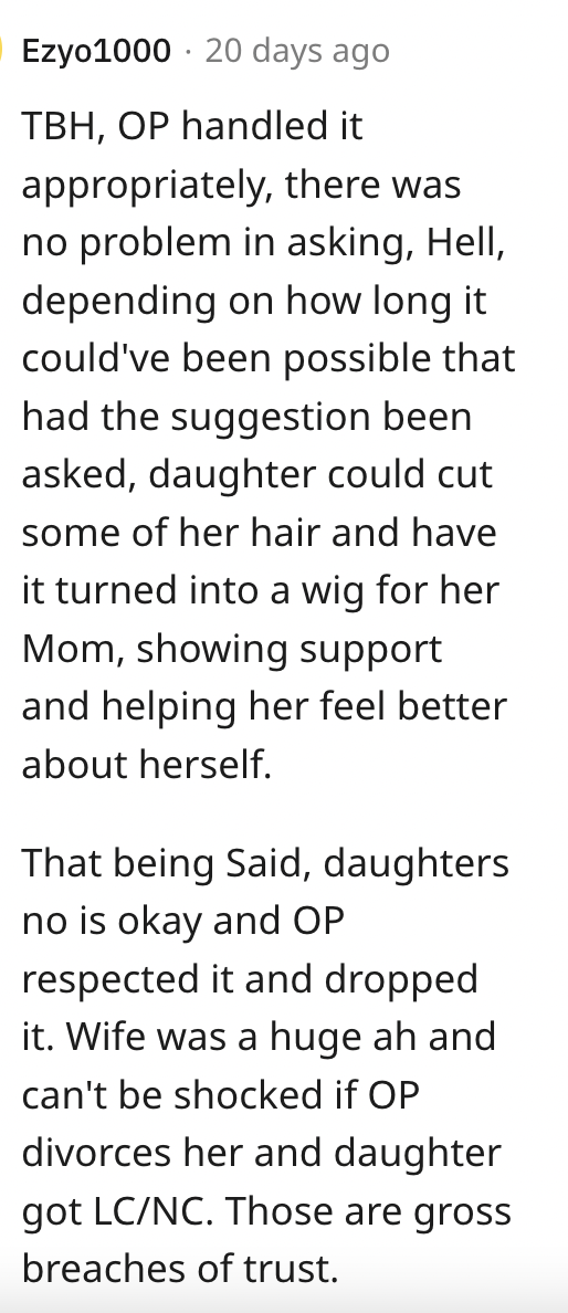 Screen Shot 2023 09 10 at 1.00.56 PM His Wife Got Cancer And Forced Their Daughter To Cut Her Hair Off In Solidarity. Now Hes Angry. Is He Justified?