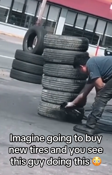 Screenshot 2023 09 09 at 11.15.14 PM Imagine going to buy new tires and you see this... TikToker Catches A Guy Spray Painting Older Tires With Black Spray Paint