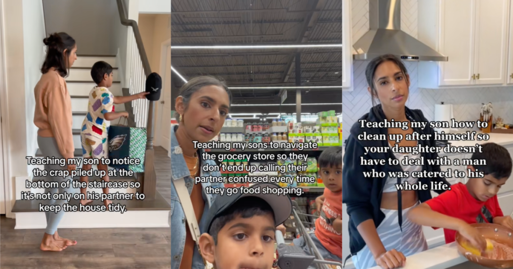 'Teaching my son that facial hair on a female is perfectly normal.' A Mom Shares TikTok Videos About the Important Lessons She’s Teaching Her Sons