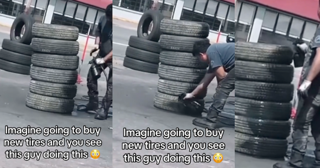 'Imagine going to buy new tires and you see this...' TikToker Catches A Guy Spray Painting Older Tires With Black Spray Paint