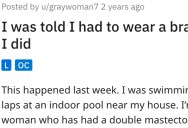 Woman Was Told to Wear A Bra In The Pool Even Though She Was Covering Up With A T-Shirt. So She Wore It In The Most Ridiculous Way Possible.