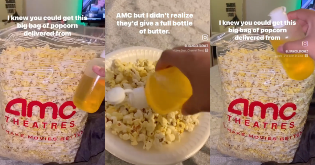 'I didn’t realize they’d give a full bottle of butter.' A Woman Got A Massive Bag Of AMC Movie Theater Popcorn Delivered To Her House