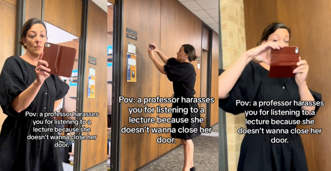 professor-films-student-listening-to-lecture-outside-of-her-office