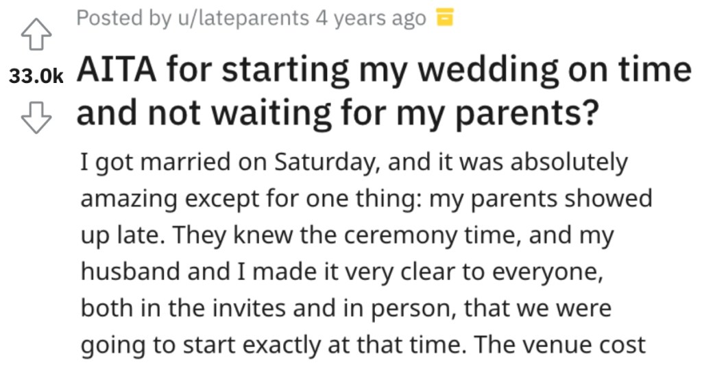 'They only have a landline, no cellphones.' Woman Started Her Wedding Without Her Parents Because They Were 15 Minutes Late.