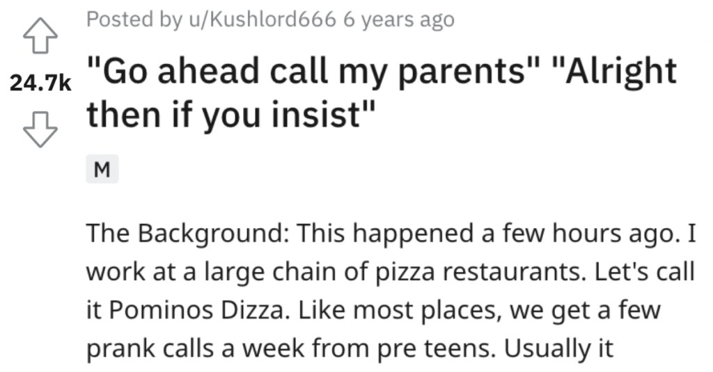 Employee Got Even With A Kid Who Prank Called Them And Dared Them To Call His Parents