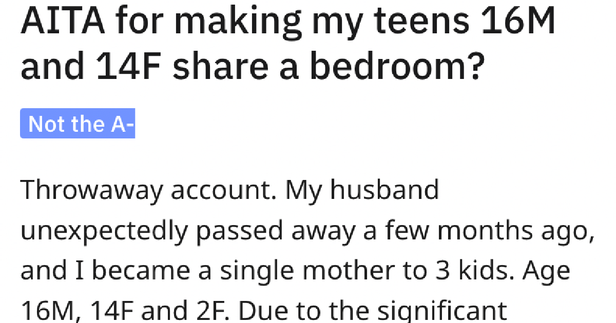 AITAMakingTeensShareABedroom Widow Cant Afford More Than A 1 Bedroom Apartment For Her 3 Kids, But Her Teenagers Dont Want To Share A Bedroom