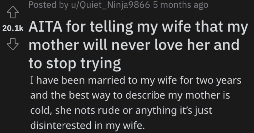Husband Tells His Wife That His Mother Will Never Love Her, So She Should Stop Trying To Win Her Affection