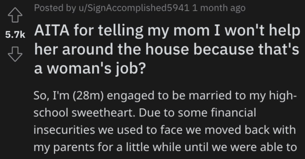 Mom Believes In Traditional Marriage Roles, So Her Son Says He Won’t Help Her Out Around The House Because "That’s A Woman’s Job"