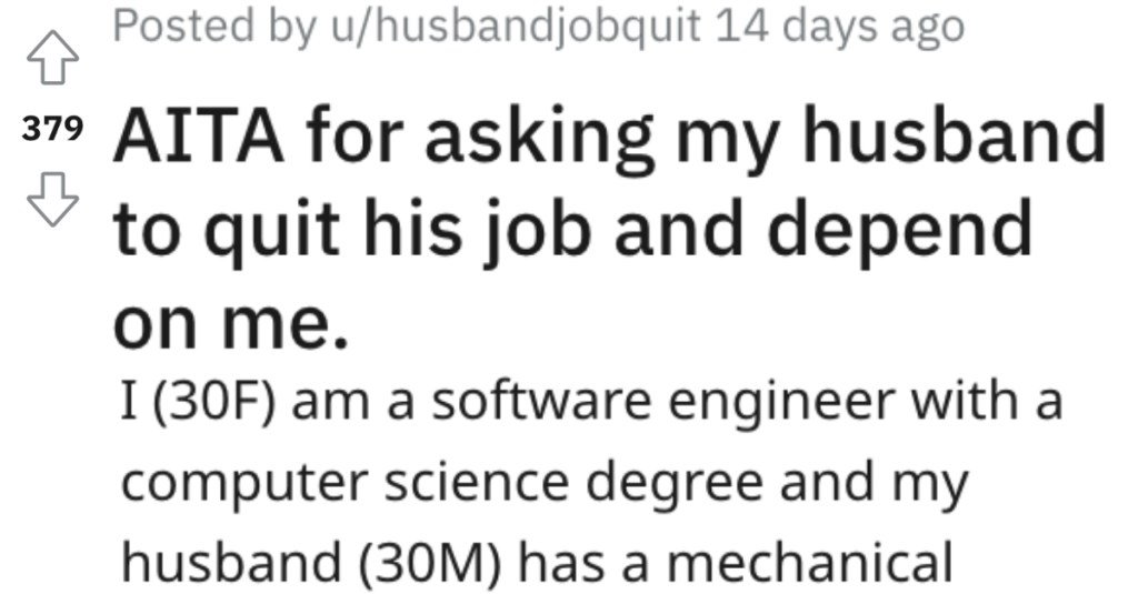 Her Husband Has A Shady Job, So She Wants Him to Quit And Rely On Her Salary. He Says It'll Emasculate Him.