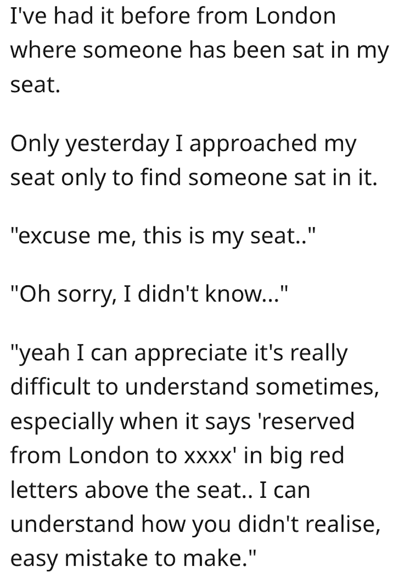 Train Comment 5 Passengers Train Seat is Stolen And Conductor Says Tough Luck, So Passenger Uses His Own Words Against Him