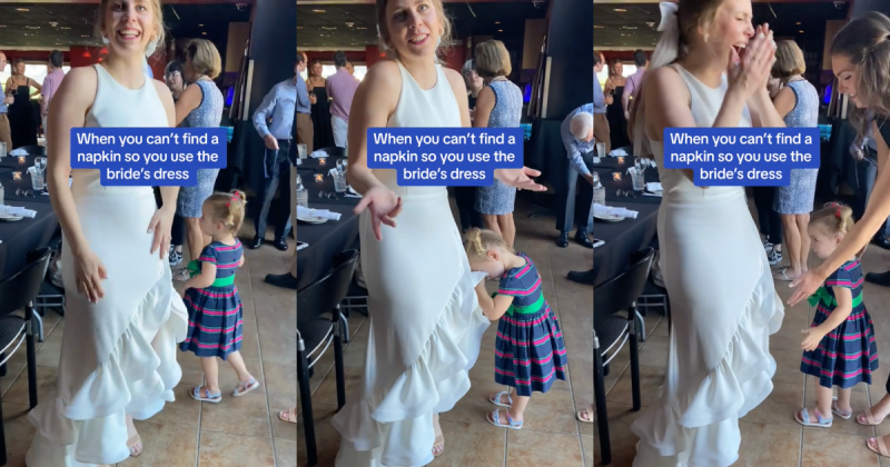 Dress Thumb In Text e1708254774878 This Little Girl Blow Her Nose On The Brides Dress, And Now People Are Debating Whether Kids Belong At Weddings
