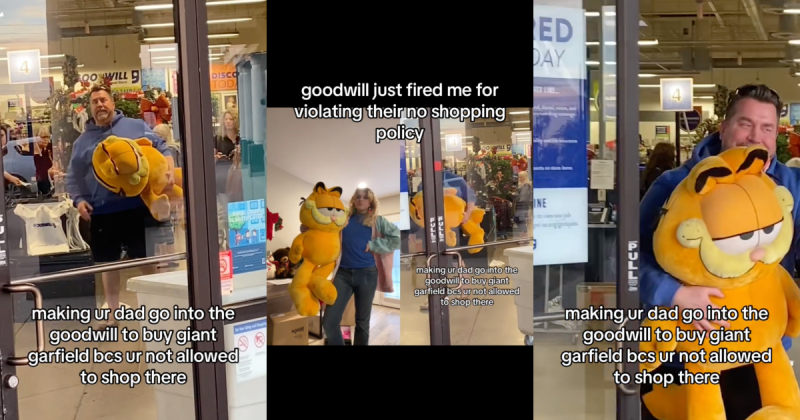 Garfield Thumb In Text e1706867882829 Goodwill Forbids Employees From Shopping At Their Store, So Worker Sends Her Dad To Buy Her A Garfield Plushie. It Ends Up Getting Her Fired.