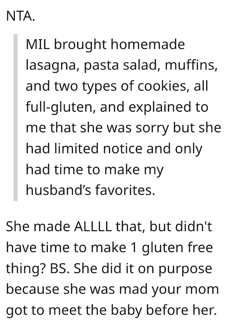 Gluten Comment 1 Petty Mother In Law Surprised New Mom With Food She Cant Eat, Then Gets Angry When She Gives It Away