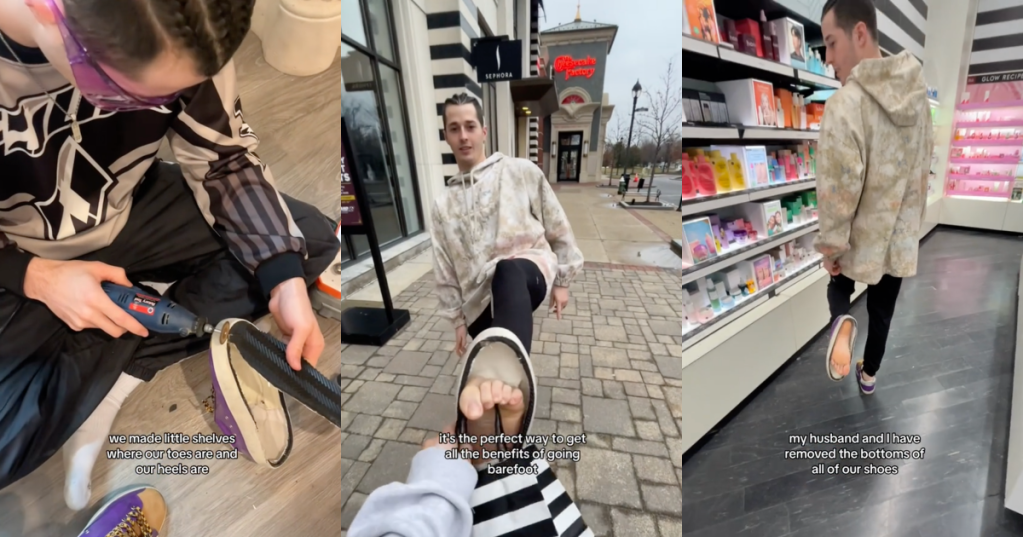 Couples Cuts The Bottoms Off Of Their $20,000 Shoe Collection So They Can Discreetly Walk Barefoot In Public Places
