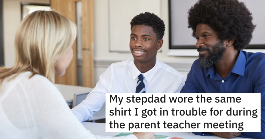 Student Gets in Trouble For Crude Shirt, So His Stepdad Wears The Same Exact Shirt To Their Parent Teacher Conference