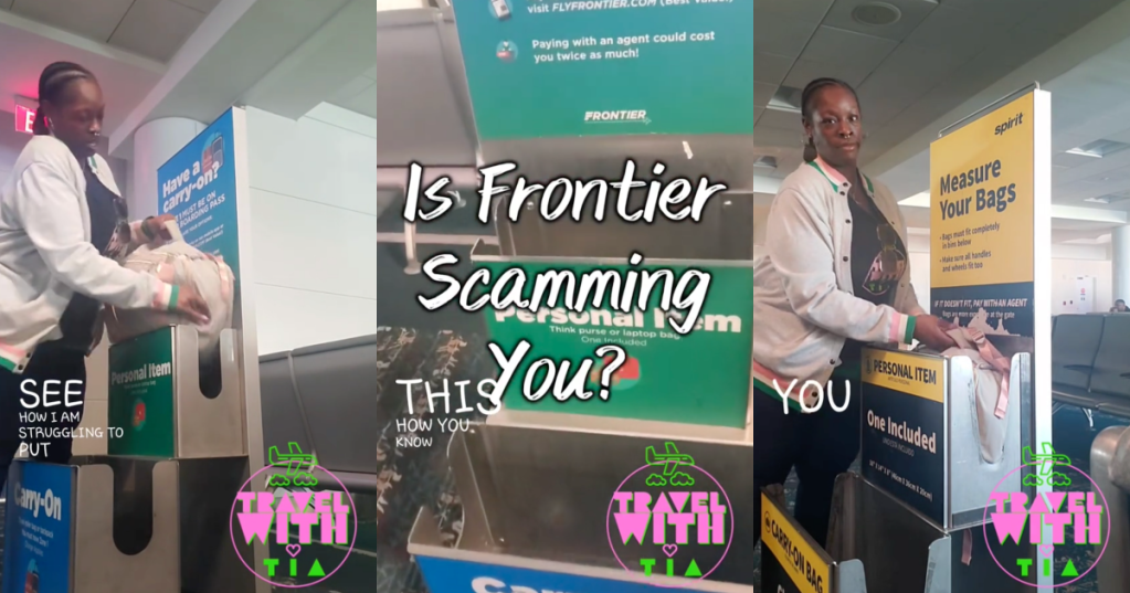Woman Claims Frontier's Luggage Sizer Is Smaller Than Measurements They Post, And Proves It When Her Bag Fits Perfectly In Spirit's Sizer