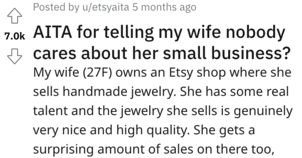 His Wife Won’t Stop Trying To Sell People On Her Etsy Jewelry Business, So He Tells Her To Cool It With The Hard Selling