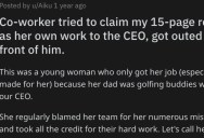 Toxic Employee Tried To Take Credit For Their Work In The Office, So They Made Her Look Foolish In Front Of The CEO