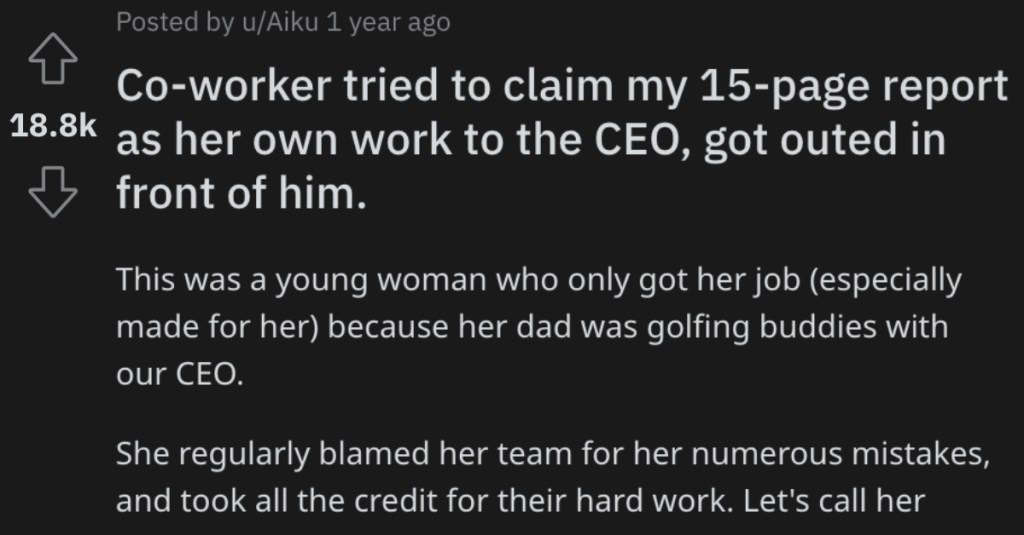 Toxic Employee Tried To Take Credit For Their Work In The Office, So They Made Her Look Foolish In Front Of The CEO