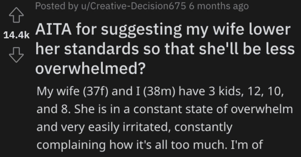 His Wife Insists On Doing Everything For Their Kids Even Though They're Old Enough To Handle Things, So He Tells Her To Lower Her Standards And Chill Out