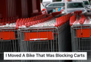 Entitled Customer Parked His Bike Right Behind The Shopping Cart Return Lane, So Hardware Store Employee Gets Satisfying Payback