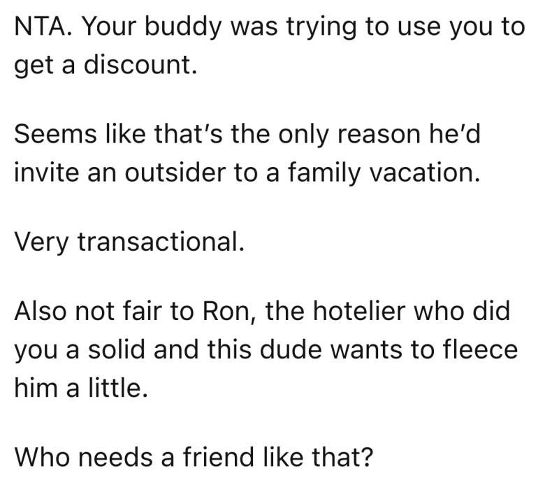 Screenshot 2024 07 23 at 9.12.27 PM e1721783635901 A Friend Invited Him On A Family Trip Because They Want To Get Special Treatment At A Hotel From A Mutual Acquaintance, So He Declines The Invitation Because He Doesnt Want To Be Used Like That