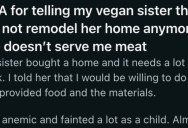 Brother Exchanges Remodeling Work On His Sister’s House For Home Cooked Meals, But When She Only Offers Vegan Food He Tells Her It’s Not Enough Protein And It’s Causing Him To Faint