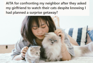 Annoying Neighbor Decided To Ruin This Couple’s Getaway Trip By Asking The Girlfriend To Babysit Their Cats, So The Boyfriend Yelled At Them For Putting Them In An Awkward Situation