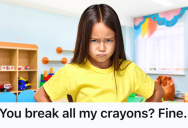 One Kindergardener Is Tired Of Their Desk Mate Breaking All Their Crayons, So They Force The Guilty Student To Admit His Wrongdoing To The Teacher