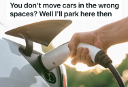 All Of The Electric Vehicle Spots At The Shopping Center Were Occupied By Non-EVs, So An EV Owner Parked On The Sidewalk For Access