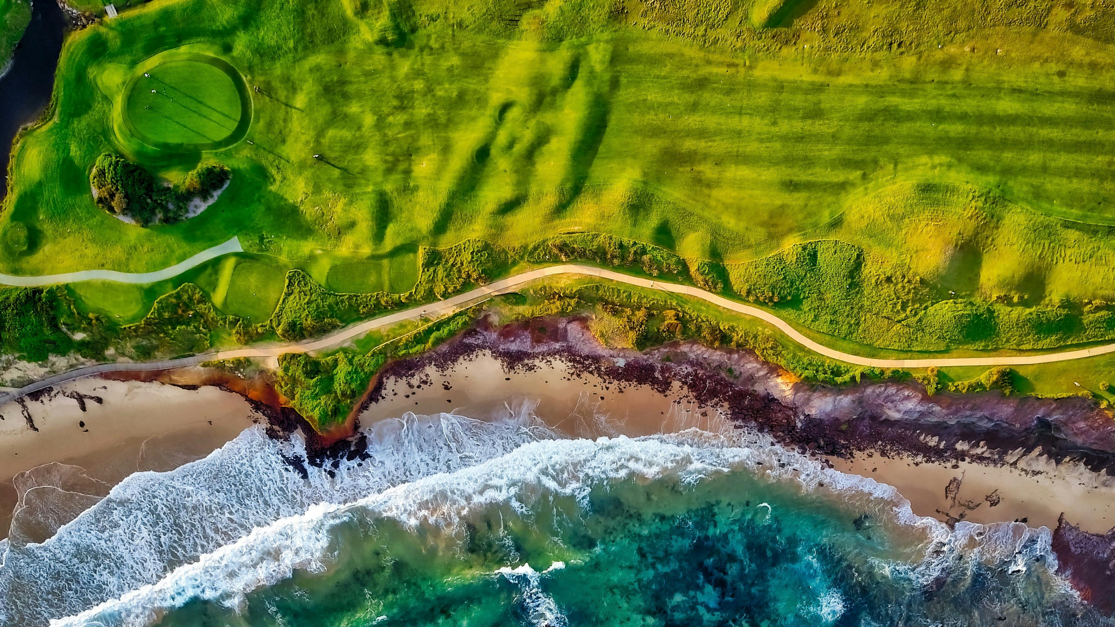 overhead shot of a beautiful seaside golf course