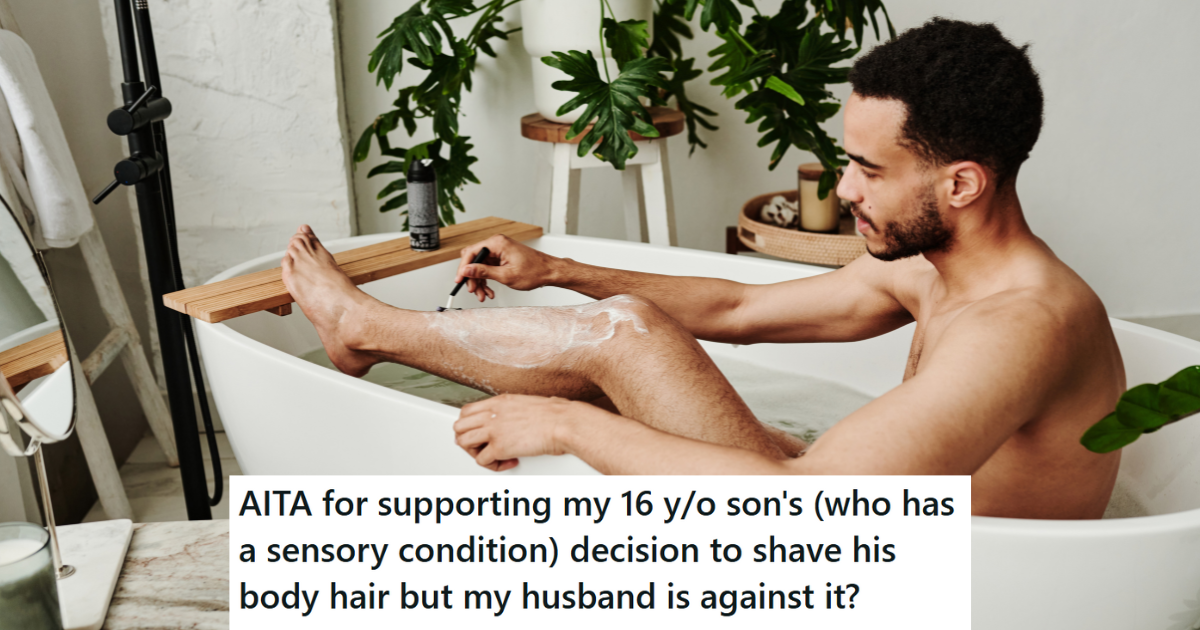 man sits in bathtub shaving his legs