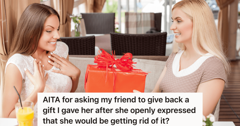 woman giving a gift to her friend