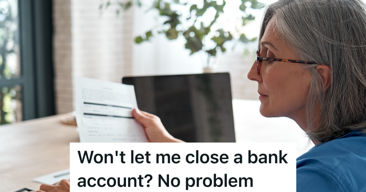 She Tried To Close Her Late Husbands Bank Account, But The Bank Manager Wont Let Her Since Her Name Isnt On The Account woman studying a bill