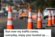 Annoying Driver Thinks It’s Fun To Knock Down Traffic Cones Set Up By A Tree Trimming Crew, So One Of Them Fills A Couple Of Them With Concrete