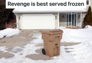 Inconsiderate Driver Kept Parking On A Man’s Grass And Honking The Car Horn Early In The Morning, So A Neighbor Used The Cold Weather And A Garbage Bin To Get Revenge