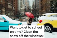 Kids Warmed Up The Car But Didn’t Clear The Snow, So When They Complained About Being Late Their Parent Went Nice and Slow For “Safety”