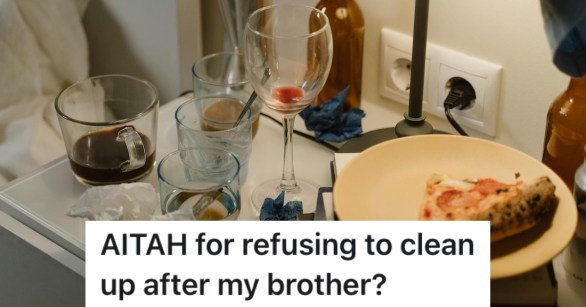 Dirty dishes, tissues, and leftover pizza on a nightstand