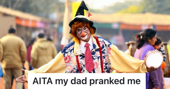 Brightly dressed clown holding a tamborine