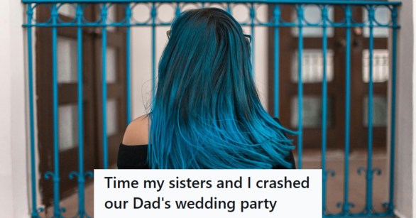 Woman with blue hair waving it around from the back