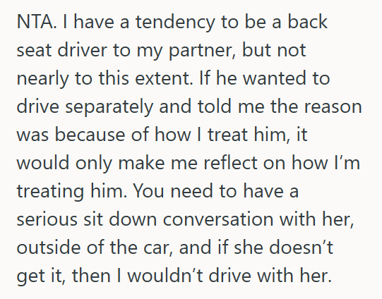 Driving 2 Husband Refuses To Drive With His Wife After Her Backseat Criticism Ruins Every Trip, But Now She’s Upset That She Has To Drive Everywhere