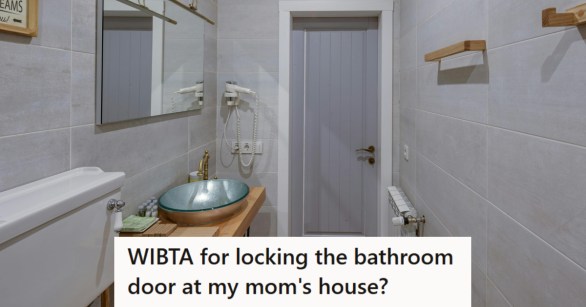 Gray bathroom with a closed door and cyan sink