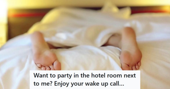 feet poking out from beneath covers on hotel bed