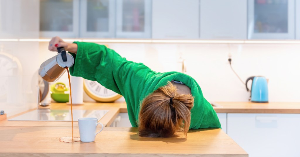 tired mom pouring coffee