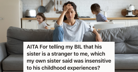 stressed out woman sitting on the couch while two kids run around