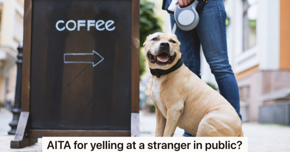 dog sitting next to sign that reads "coffee"